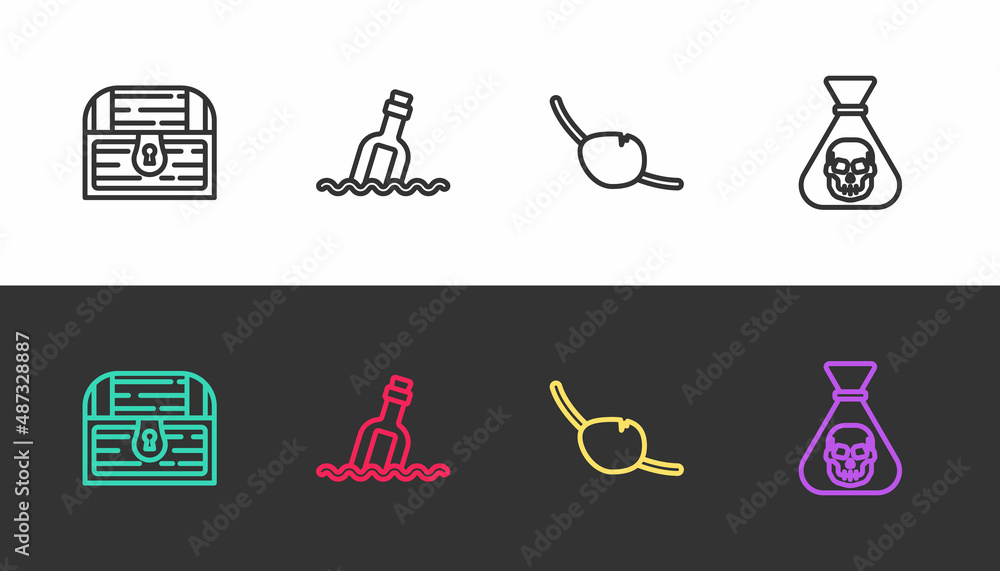 Set line Antique treasure chest, Bottle with message in water, Pirate eye patch and coin on black and white. Vector
