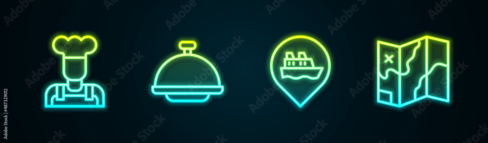 Set line Cook, Covered with tray, Location cruise ship and Folded map. Glowing neon icon. Vector Set line Cook, Covered with tray, Location cruise ship and Folded map. Glowing neon icon. Vector