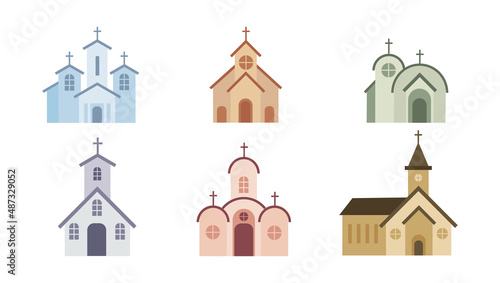 Set of different types of catholic churchs white background. Vector cathedral or monastery in flat style. photo