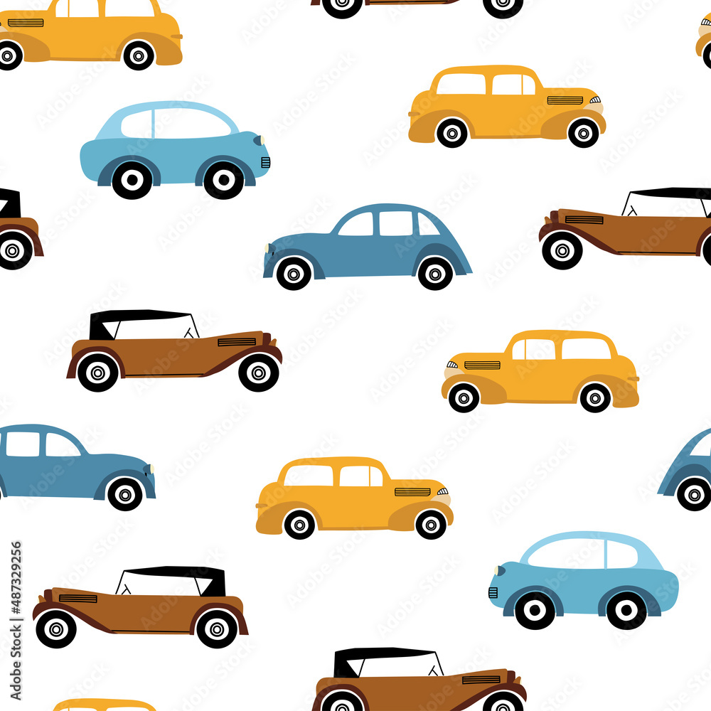 Seamless pattern with cars. Vector minimal illustration template for your design. Template for textiles, packaging, paper on a dark background.