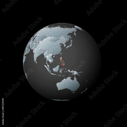 Low poly globe centered to Philippines. Red polygonal country on the globe. Satellite view of Philippines. Elegant vector illustration.
