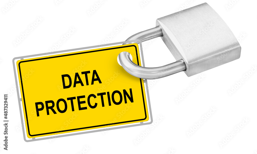 Yellow sign and Data Protection with lock isolated on white background Yellow sign and Data Protection with lock isolated on white background