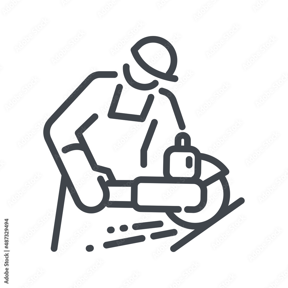 Worker using grinding tool line icon isolated on white transparent background Worker using grinding tool line icon isolated on white transparent background
