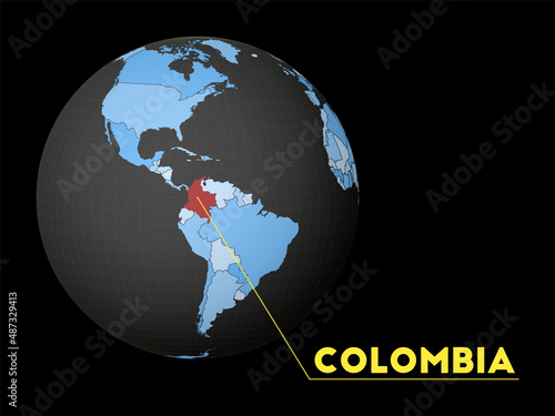 Colombia on dark globe with blue world map. Red country highlighted. Satellite world view centered to Colombia with country name. Vector Illustration.