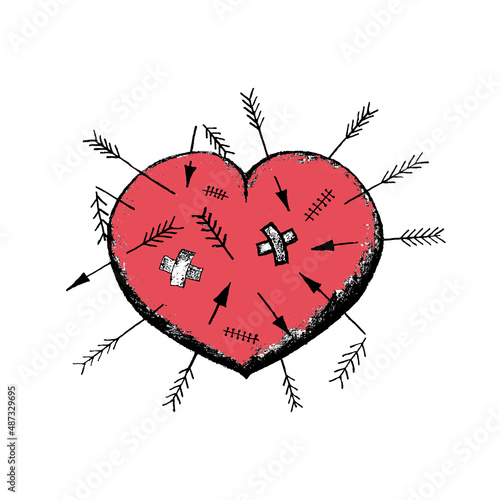 The red heart is pierced by many arrows, the wounds on the heart are sewn with several sutures and sealed with adhesive tape. The concept of shattered love, betrayal, human indifference and cruelty.