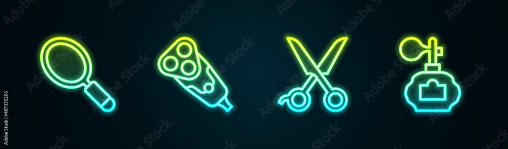 Set line Hand mirror, Electric razor blade, Scissors hairdresser and Aftershave. Glowing neon icon. Vector Set line Hand mirror, Electric razor blade, Scissors hairdresser and Aftershave. Glowing neon icon. Vector