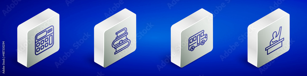 Set Isometric line Calculator, Book, School Bus and Male kid raising hand icon. Vector Set Isometric line Calculator, Book, School Bus and Male kid raising hand icon. Vector