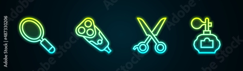 Set line Hand mirror, Electric razor blade, Scissors hairdresser and Aftershave. Glowing neon icon. Vector