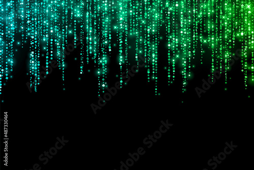 Blue green festive shiny glitter rain garland on black background. Vector