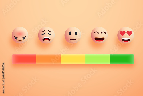 Feedback emotion scale. Rating satisfaction in form of various emoticons. Customers service quality review by rating level. Measuring review opinions