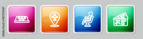 Set line Taxi car roof, Plane, Human waiting in airport terminal and Airline ticket. Colorful square button. Vector