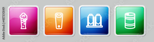 Set line Glass of beer, Bottle opener, Beer brewing process and Metal keg. Colorful square button. Vector