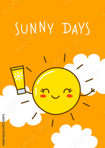 Cartoon Sun character ion orange background for funny summer design