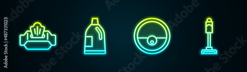 Set line Wet wipe pack, Bottle for cleaning agent, Robot vacuum cleaner and Vacuum. Glowing neon icon. Vector