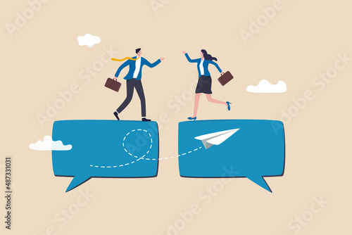 Communication or work discussion, sending message or telling new idea, brainstorming to gather information and solution concept, businessman and woman having conversation on chat speech bubble.