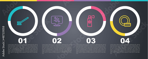 Set line Brush for cleaning, Home service, Air freshener spray bottle and Washing dishes. Business infographic template. Vector