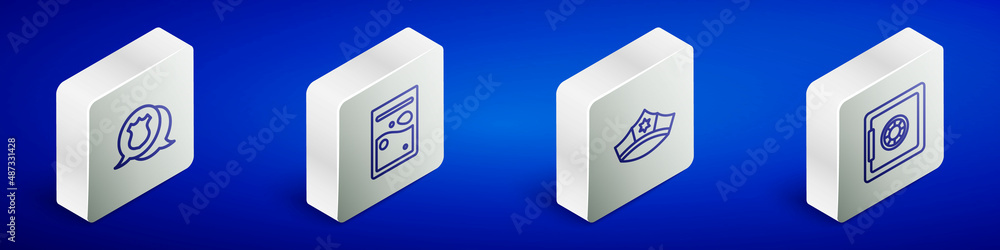 Set Isometric line Police badge, Plastic bag of drug, cap with cockade and Safe icon. Vector Set Isometric line Police badge, Plastic bag of drug, cap with cockade and Safe icon. Vector