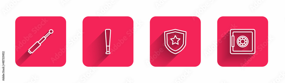 Set line Telescopic baton, Baseball, Police badge and Safe with long shadow. Red square button. Vector Set line Telescopic baton, Baseball, Police badge and Safe with long shadow. Red square button. Vector