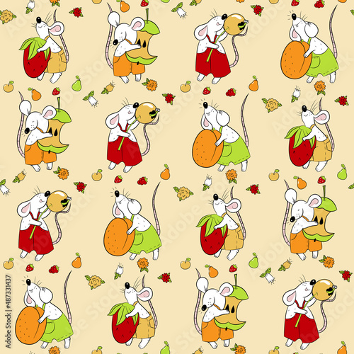 Pattern with different mice in pant and fruits. Animalistic vector background. Yellow, green, orange and red tones. Can be used for wallpapers, pattern fills, textile, surface textures