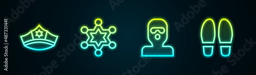Set line Police cap with cockade, Hexagram sheriff, Thief mask and Footsteps. Glowing neon icon. Vector