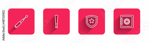 Set line Telescopic baton, Baseball, Police badge and Safe with long shadow. Red square button. Vector