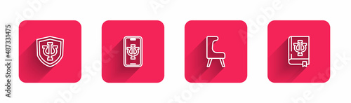 Set line Psychology, Psi, Psychologist online, Armchair and book, with long shadow. Red square button. Vector