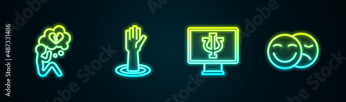 Set line Broken heart or divorce, Helping hand, Psychologist online and Comedy tragedy masks. Glowing neon icon. Vector