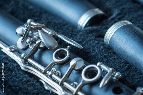 Print op canvas clarinet inside musical instrument storage case closeup