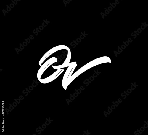 White Vector Letters Logo Brush Handlettering Calligraphy Style In Black Background Initial ov photo