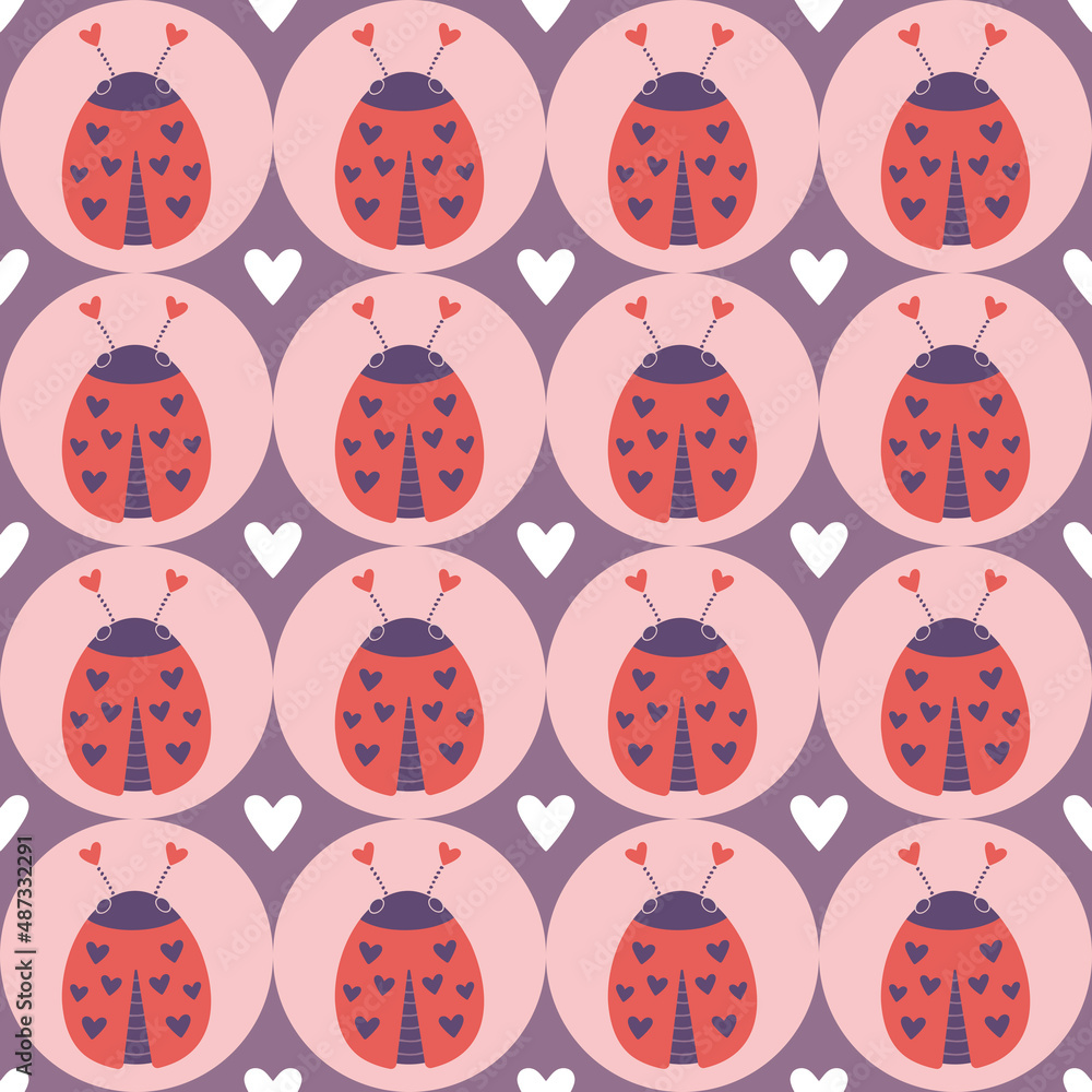 Ladybugs, hearts and flowers seamless background repeating pink pattern ...