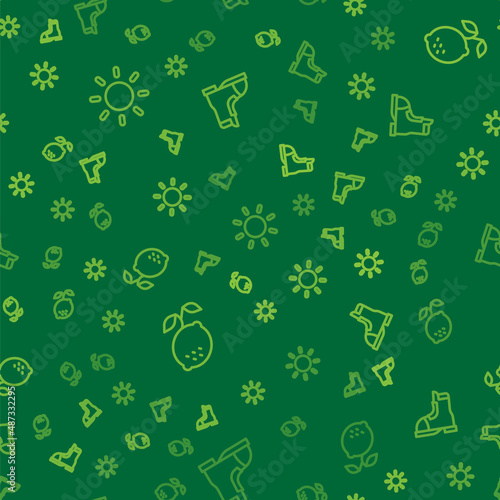 Set line Sun, Lemon and Hunter boots on seamless pattern. Vector