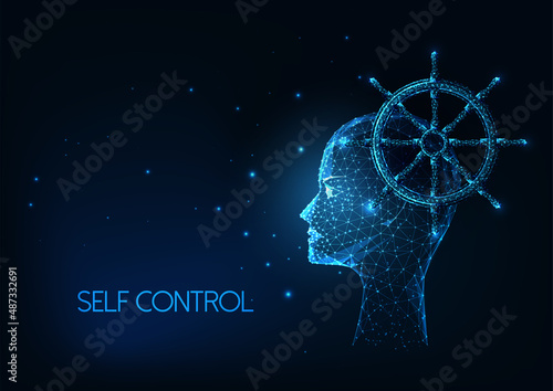 Futuristic self control concept with glowing low polygonal human head and ship wheel isolated