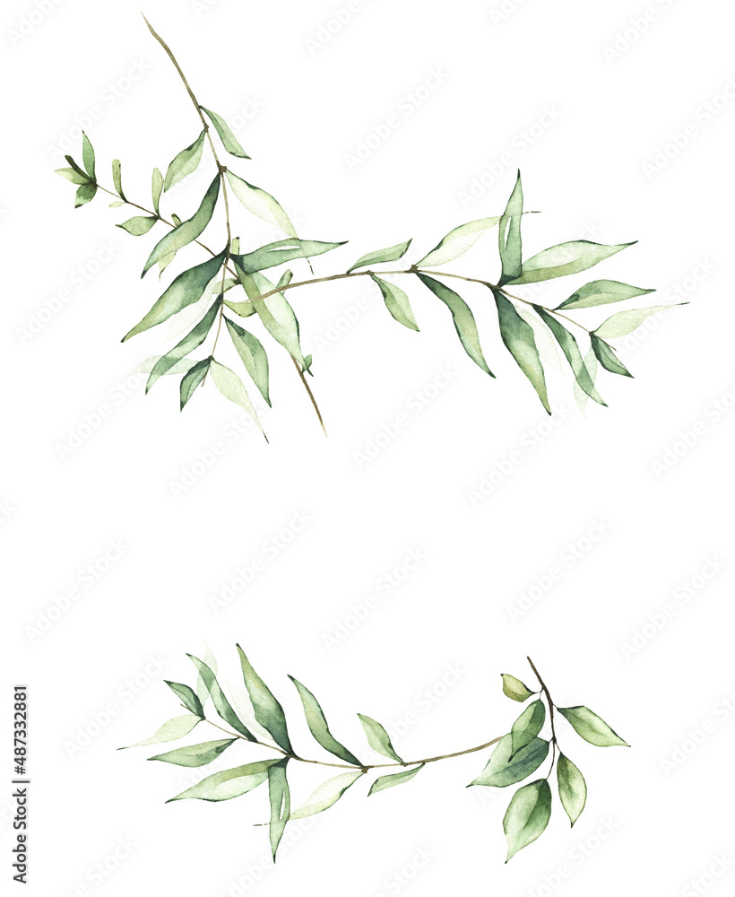 Fototapeta premium Delicate greenery round frame template watercolor painted. Background with branches, green leaves. Wedding ready design.