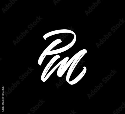 White Vector Letters Logo Brush Handlettering Calligraphy Style In Black Background Initial pm photo