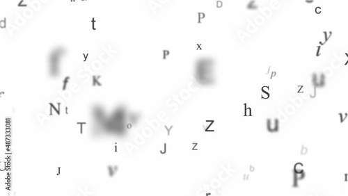Flying through the alphabet letters on white background repeat loop focus blur depth of field animation