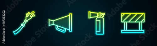 Set line Fire hose reel, Megaphone, extinguisher and Road barrier. Glowing neon icon. Vector
