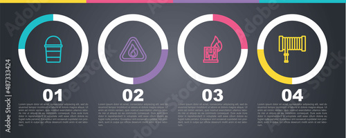 Set line Fire bucket, flame in triangle, burning building and hose reel. Business infographic template. Vector