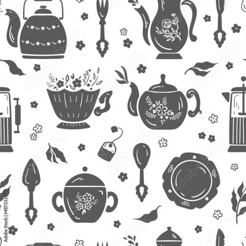 Tea Time. Vector Seamless Pattern of Different Teapots. Breakfast Theme Black and White Background. Kitchen Utensils.