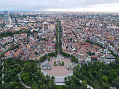 Aerial view of Arco della Pace in Milano, north Italy. Drone photography of Arch of Peace in Piazza Sempione, near Sempione park in the heart of Milan, Lombardy and Sforza Castle.