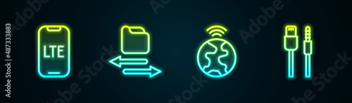 Set line LTE network, Transfer files, Global technology and USB cable cord. Glowing neon icon. Vector