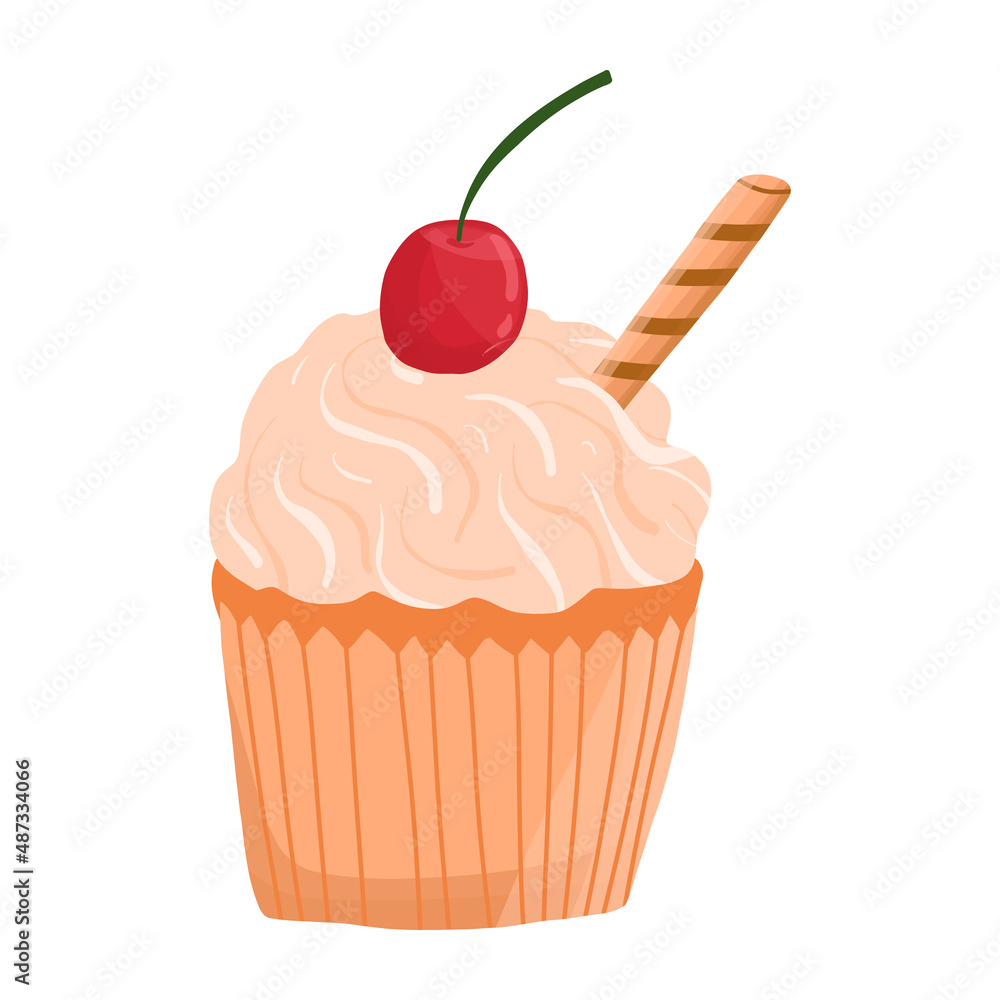 Vector cherry cupcake in cartoon hand drawn style. Delicious dessert, sweet pastry Vector cherry cupcake in cartoon hand drawn style. Delicious dessert, sweet pastry