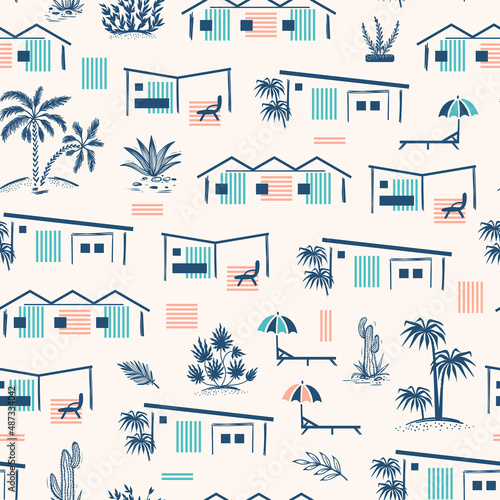 Summer Vacation Theme Vector Seamless Pattern. Seaside Holiday Homes, Beach Buildings, Palm Trees and Tropical plants.
