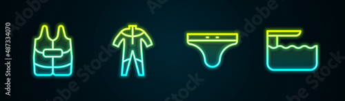 Set line Life jacket, Wetsuit for scuba diving, Swimming trunks and Diving board springboard. Glowing neon icon. Vector