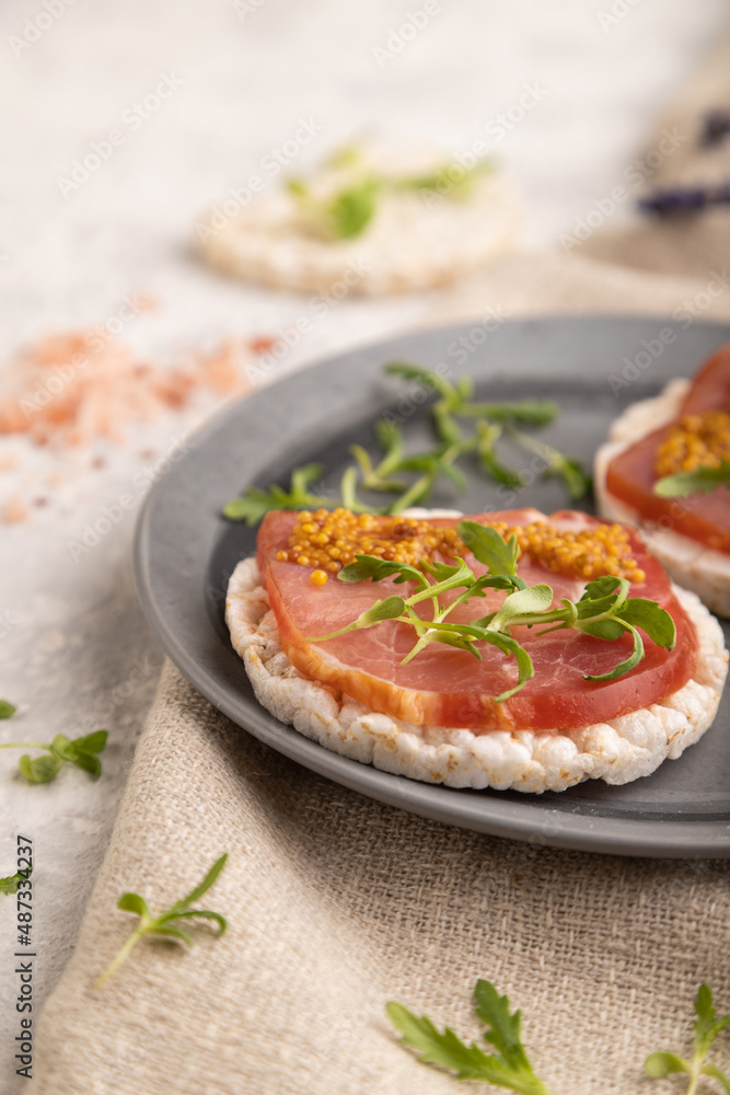 Puffed rice cake sandwiches with jerky salted meat, microgreen on gray concrete, side view, selective focus. Puffed rice cake sandwiches with jerky salted meat, microgreen on gray concrete, side view, selective focus.