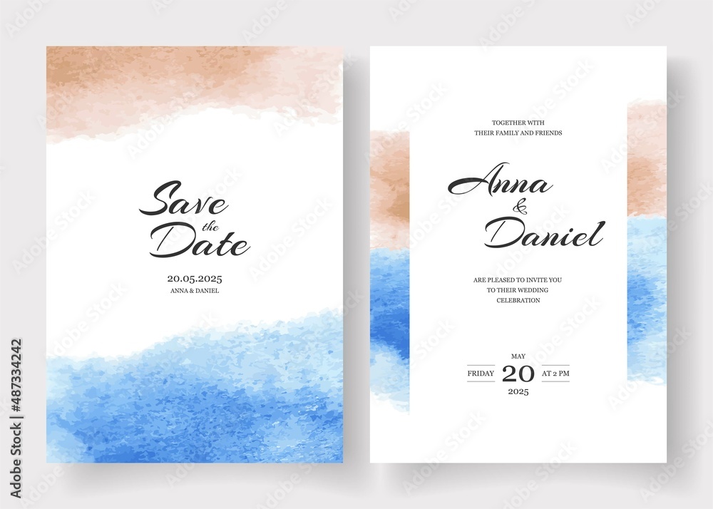 Wedding Invitation cards. Beige and blue Watercolor style collection design