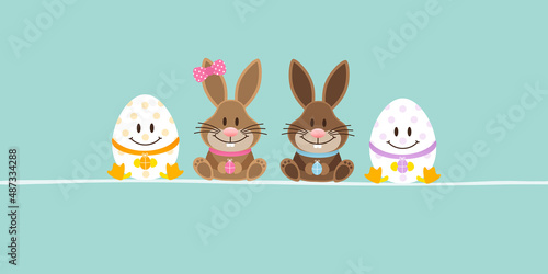 2 Osterhasen Mädchen & Junge & 2 Ostereier Banner Türkis