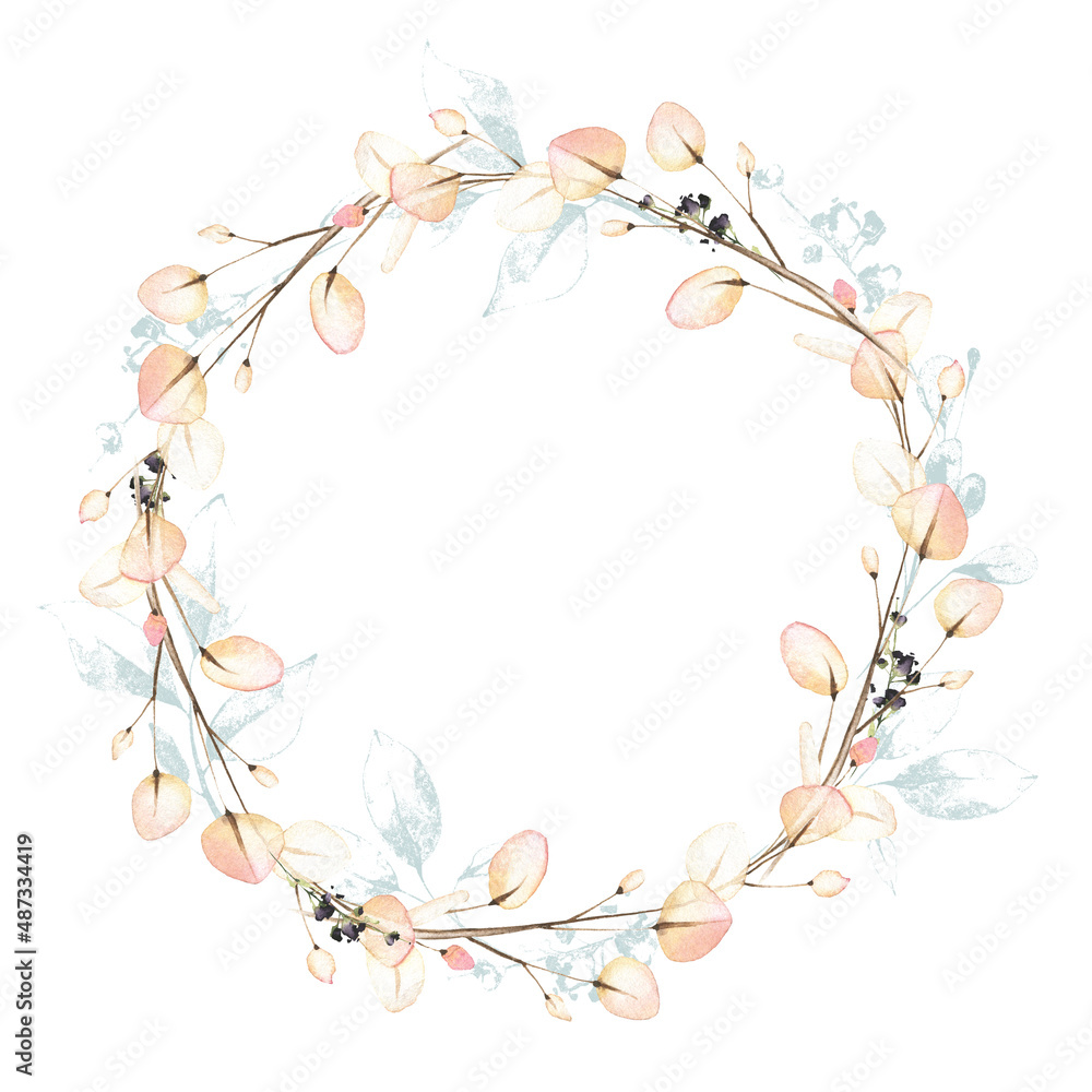 Arrangement frame with blue and pink branches, leaves. Watercolor painted floral wreath.
