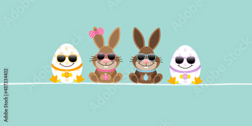 2 Osterhasen Mädchen & Junge & 2 Ostereier Sonnenbrille Banner Türkis
