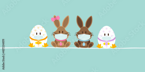 2 Osterhasen Mädchen & Junge & 2 Ostereier Maske Banner Türkis