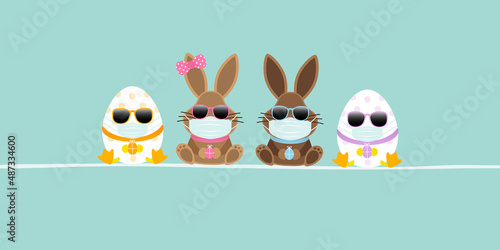 2 Osterhasen Mädchen & Junge & 2 Ostereier Maske Sonnenbrille Banner Türkis